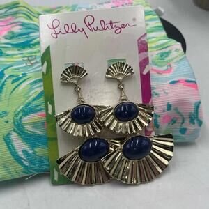 Lilly Pulitzer Coastal Shell Blue Fan Drop Clip On Earring In Gold Metallic